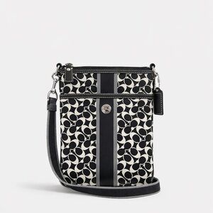 Coach Signature Crossbody Bag Black White Logo Stripe Small